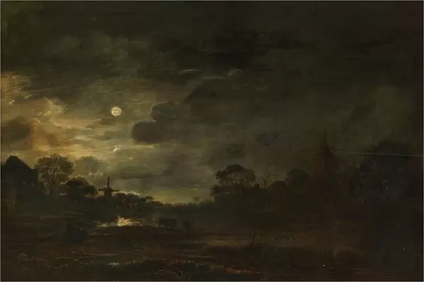 Landscape moonlight View village water cows stand