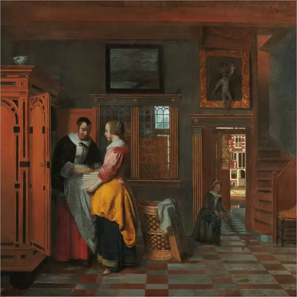 Interior Women beside Linen Cupboard Interior