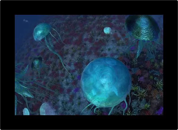 A swarm of jellyfish swim the Panthalassic Ocean