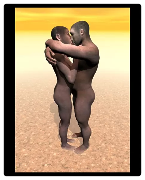 Male and female Homo erectus hugging in the desert