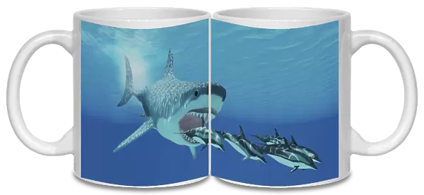 A huge Megalodon shark swims after a pod of striped dolphins