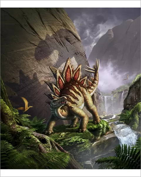 A Stegosaurus is surprised by an Allosaurus while feeding in a lush gorge