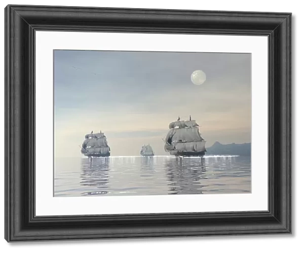 Three old ships sailing in the ocean under a full moon