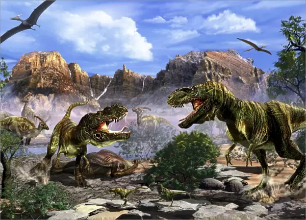 Two T-Rex dinosaurs fighting over a dead carcass