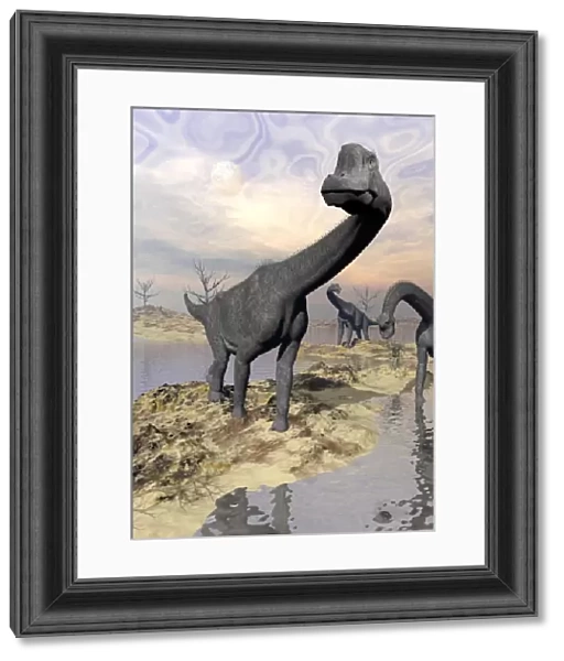Brachiosaurus dinosaurs near water with reflection by sunset and full moon