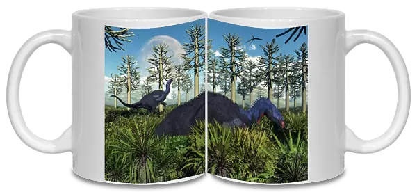 A pair of herbivorous Camptosaurus dinosaurs grazing
