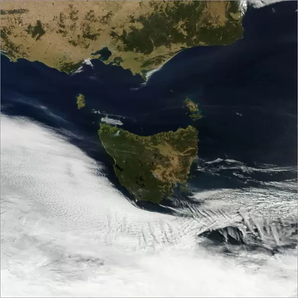 Satellite view of Tasmania, an island state of Australia