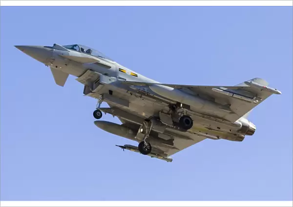 A Royal Air Force Typhoon fighter on final approach to Nellis Air Force Base, Nevada