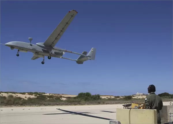 An IAI Heron Unmanned Aerial Vehicle takes off the runway