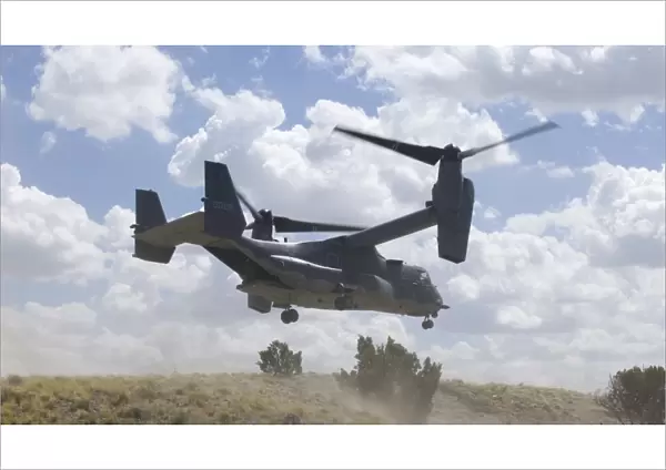 A CV-22 Osprey prepares to land during a training mission