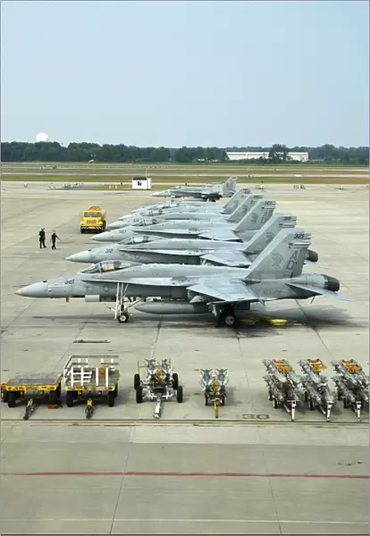 Line-up of F  /  A-18 Hornets on the ramp at Naval Air Station Oceana, Virginia