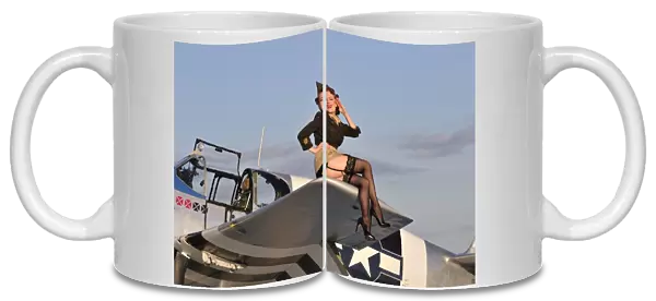 Pin-up girl sitting on the wing of a P-51 Mustang