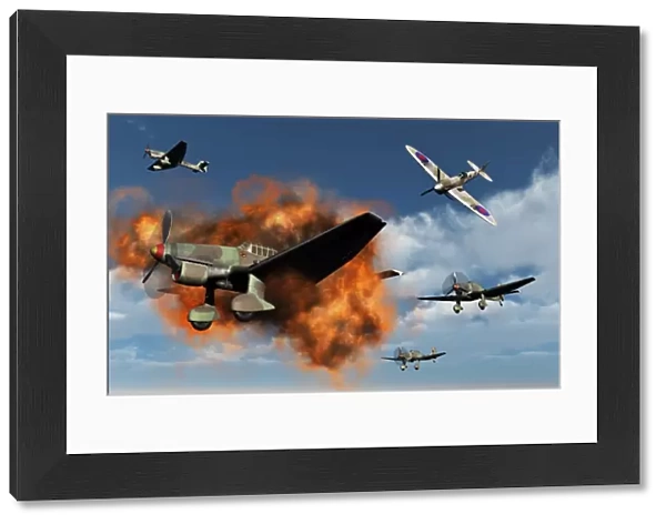 A Royal Air Force Supermarine Spitfire attacking German Stuka dive bombers