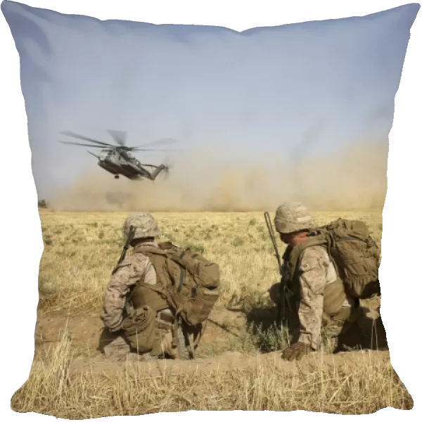 U. S. Marines watch as CH-53E Super Stallion helicopters land in a field