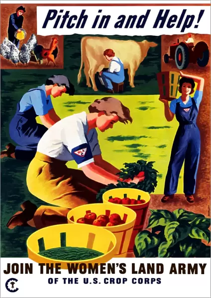 World War II propaganda poster of women doing chores on a farm