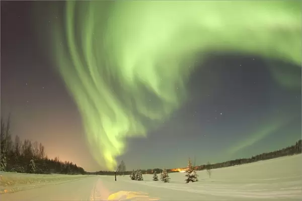 The Aurora Borealis, or Northern Lights, shines above Bear Lake