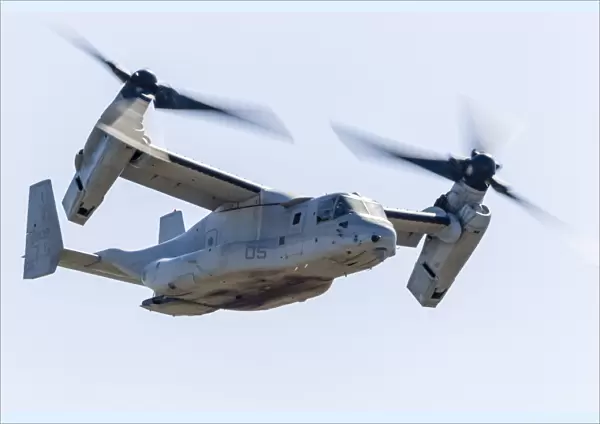 A U. S. Marine Corps V-22 Osprey flies over Santa Rosa, California