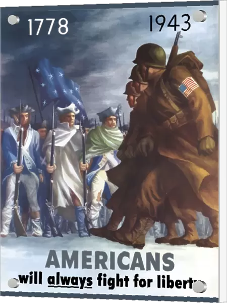 War poster of American Infantryman marching past Minutemen