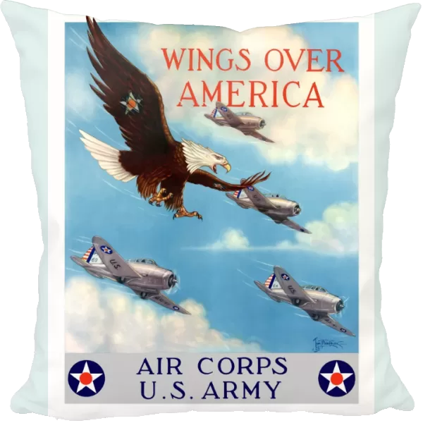 World War II poster of a bald eagle flying in the sky with fighter planes