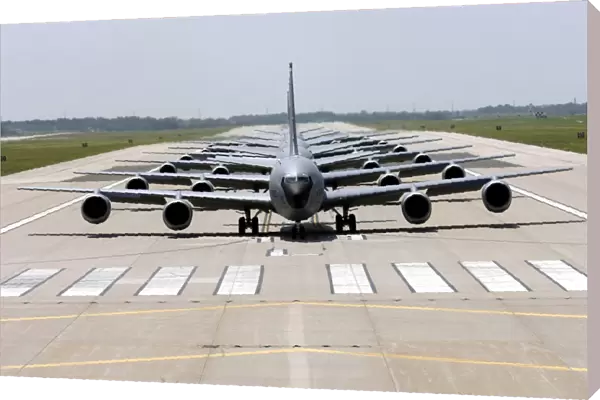 Six KC-135 Stratotankers demonstrate the elephant walk formation