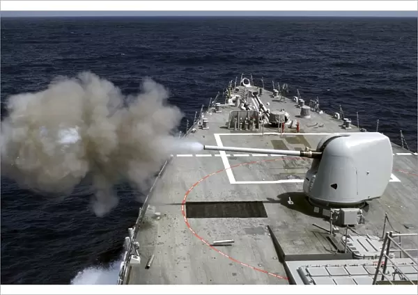 Pre-Action Calibration fire from the forward 5 Mk 54 gun aboard USS Donald Cook