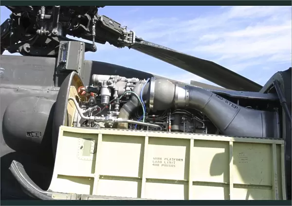 Close-up of the gas turbine engine on an AH-64D Apache