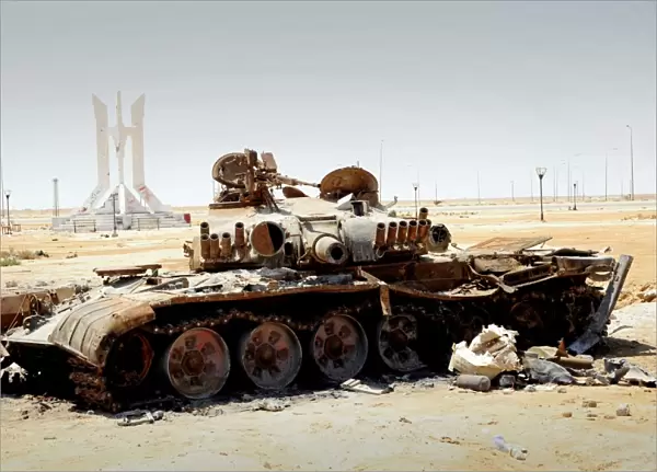 A T-80 tank destroyed by NATO forces in the desert north of Ajadabiya, Libya