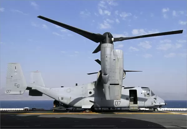 A U. S. Marine Corps MV-22 Osprey prepares for flight on the deck USS Wasp