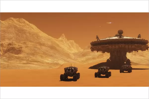 All-terrain vehicles embark on an exploratory mission across Mars