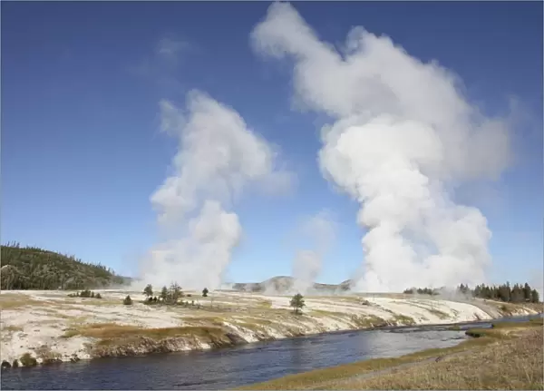 Steam rising over Midway Geyser Basin geothermal area, Yellowstone National Park, Wyoming