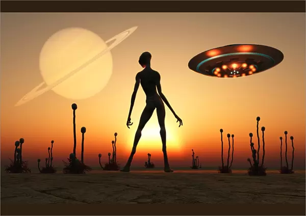 A reptoid alien attending its garden on the moon of a ringed alien world