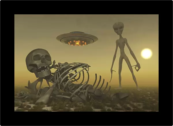 A Grey Alien looking at humanoid remains as a UFO flys overhead