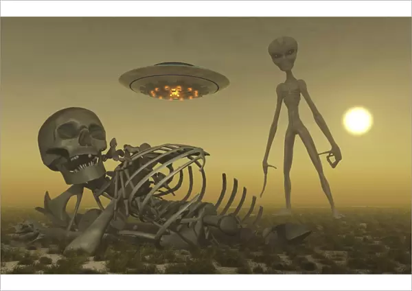 A Grey Alien looking at humanoid remains as a UFO flys overhead