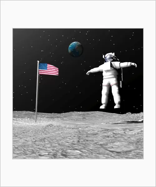 First astronaut on the moon floating next to American flag