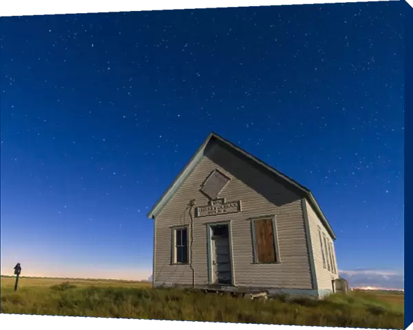 The 1909 Liberty School on the Canadian Prarie in moonlight with Big Dipper