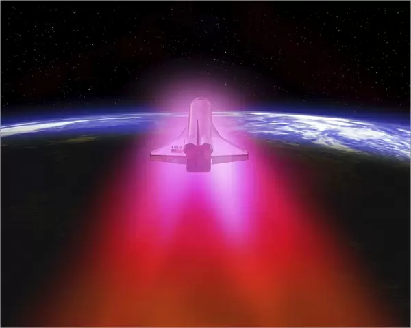 Illustration of a space shuttle re-entering the Earths atmosphere