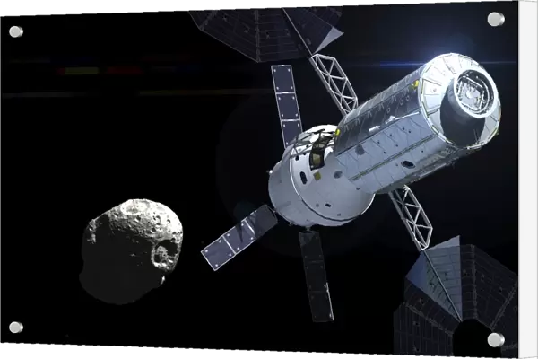 Orion module orbiting an asteroid