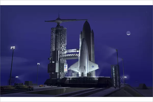 A futuristic space shuttle awaits launch