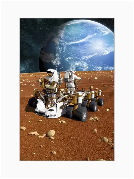 astronauts explore a barren moon on a rover