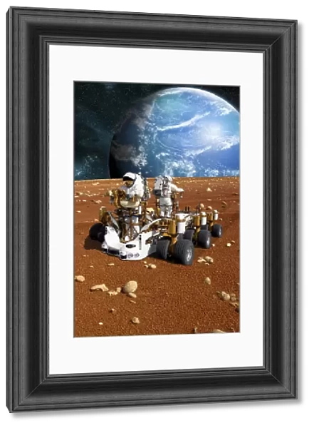 astronauts explore a barren moon on a rover