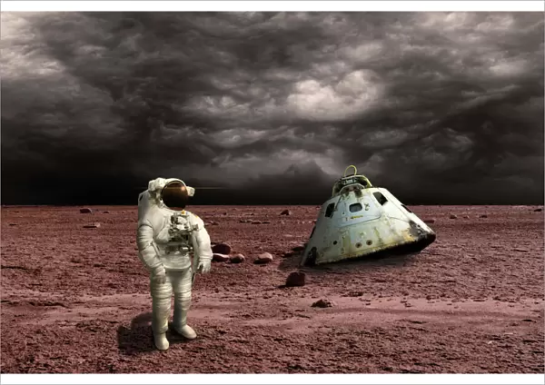 An astronaut surveys his situation after being marooned on a barren planet