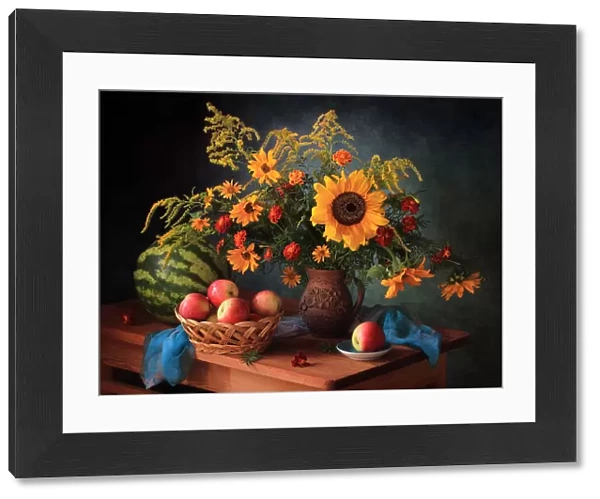 Still life with apples and bouquet
