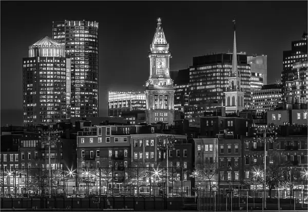 BOSTON Monochrome evening skyline of North End & Financial District