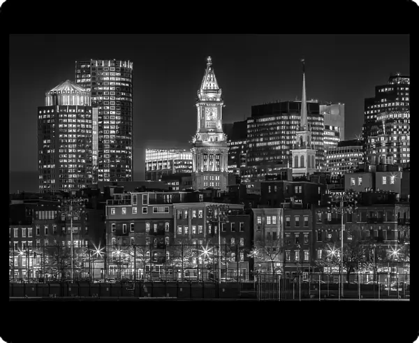 BOSTON Monochrome evening skyline of North End & Financial District