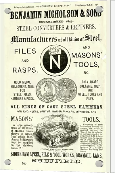 Advertisement for Benjamin Nicholson and Sons, steel converters and refiners, Shoreham Steel, File and Tool Works, Bramall Lane, 1889