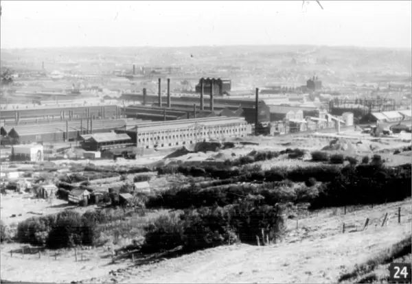 View from Wincobank Hill looking towards River Don Works with the Gun Shop in the background and allotments in the foreground, Sheffield, Yorkshire, c. 1930