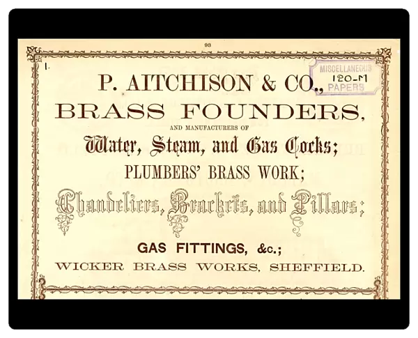 Advertisement for P. Aitchinson and Co. Brass Founders, Makers of Water, Steam, and Gas Cocks, etc. Wicker Brass Works, 1858
