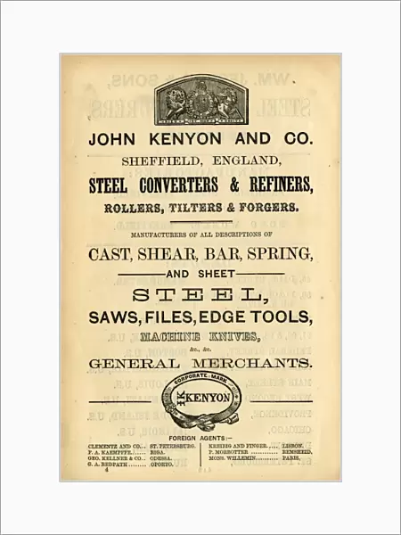 Advertisement for John Kenyon and Co. Steel Converters and Refiners, General Merchants, 1868