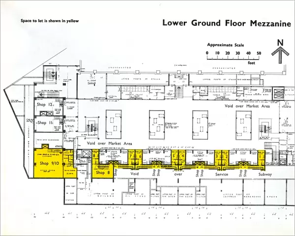 Lower ground floor mezzanine plan of new Castle Market, Haymarket  /  Waingate, 1958