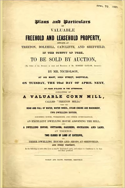 Sale particulars for property at Treeton, Bolehill, Catcliffe and Sheffield, 1851